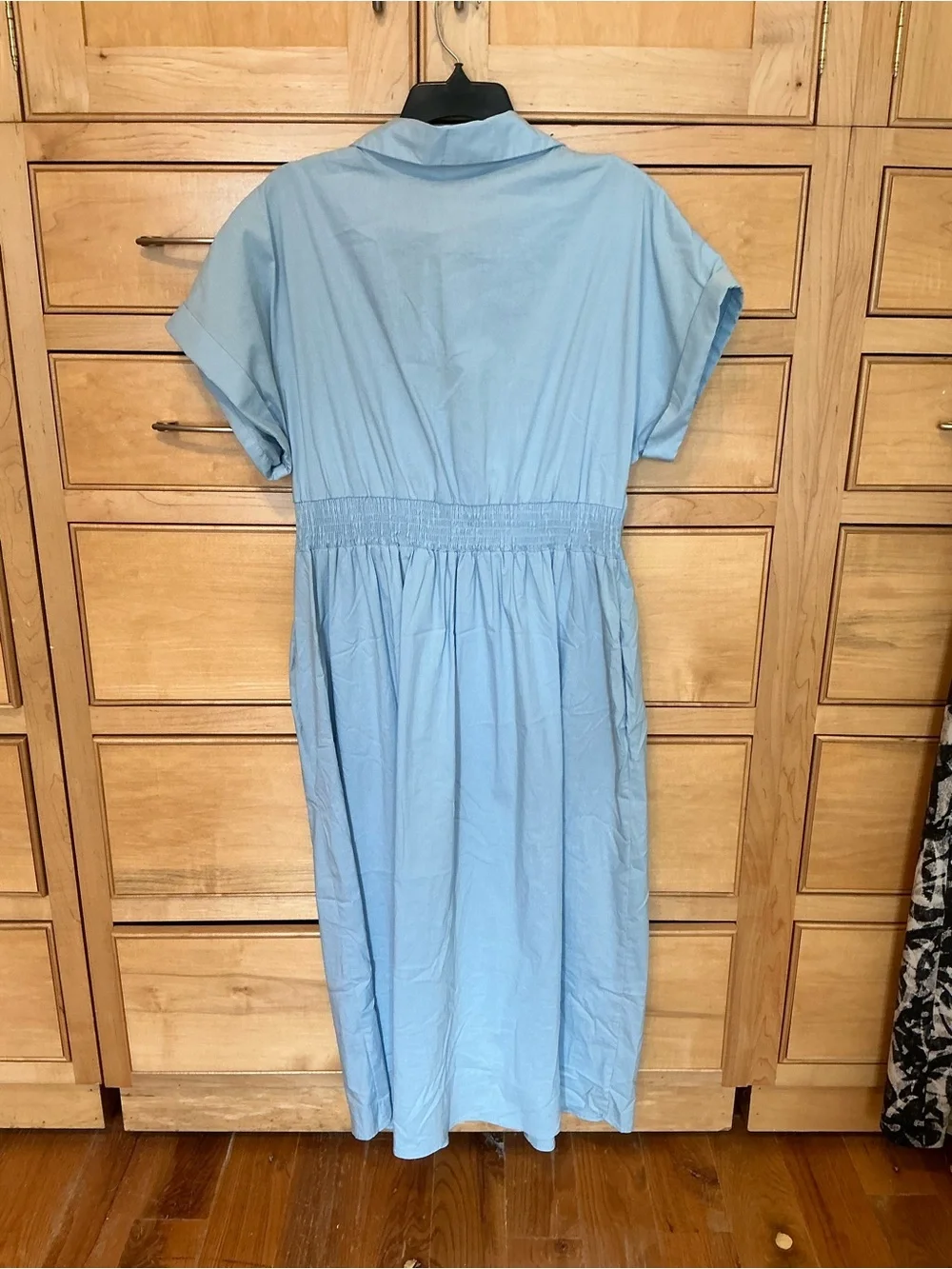 Zara Pale Blue Dress XL 49” long elastic smocked waist NWT New short sleeves - Picture 3 of 6